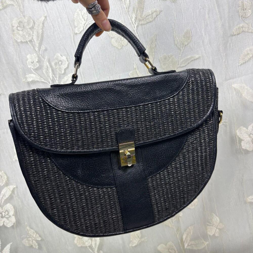 Vintage Black Woven Handbag | Structured Shoulder Bag | Retro 80s 90s Style